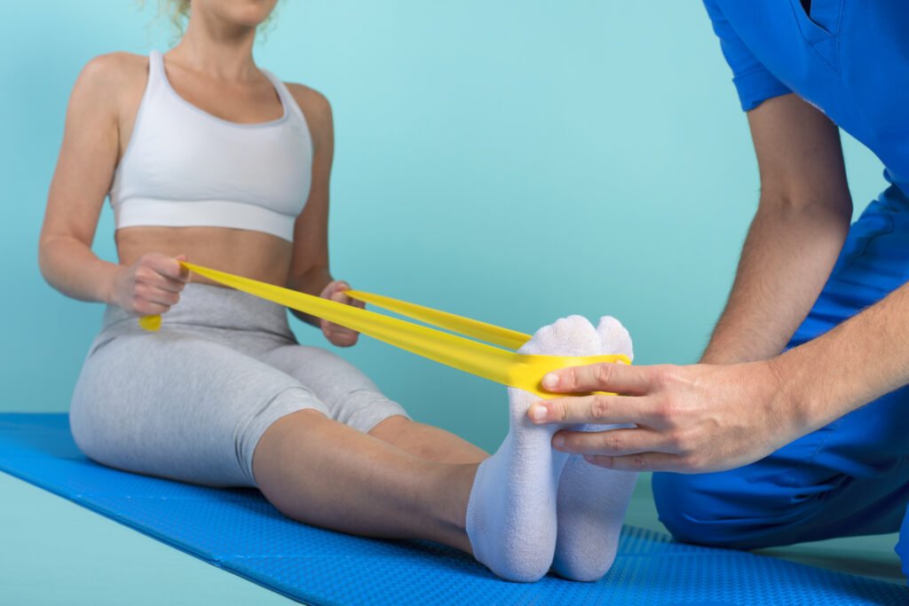 girl performs exercises with physiotherapist cyan wall 2